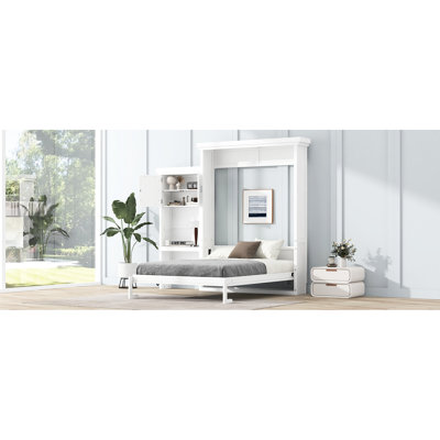White Louvered Style Queen Bed With Storage, Solid Pine Wood, Easy Assembly, Space - Saving