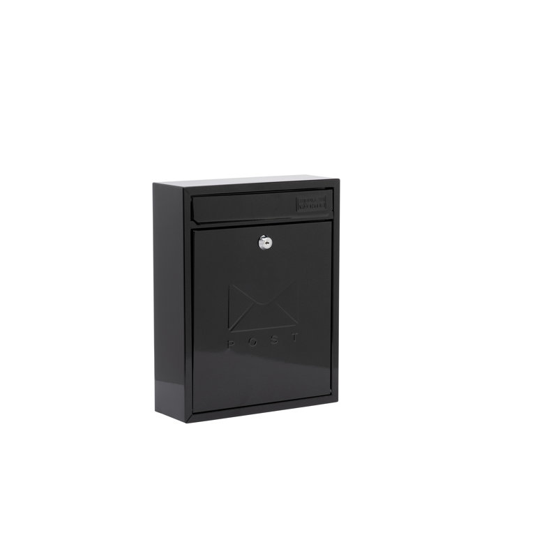 Compact Wall Mounted Galvanised Steel Lockable Weatherproof Post Box - 26x33x9cm, Black