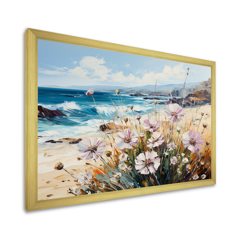Bleuet sur la plage - Art mural de salon, Cadre doré simple, H 30 po x l 40 po x P 1,5 po