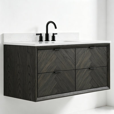 Meuble-lavabo transitionnel 48 po en bois massif brun foncé avec plateau en marbre
