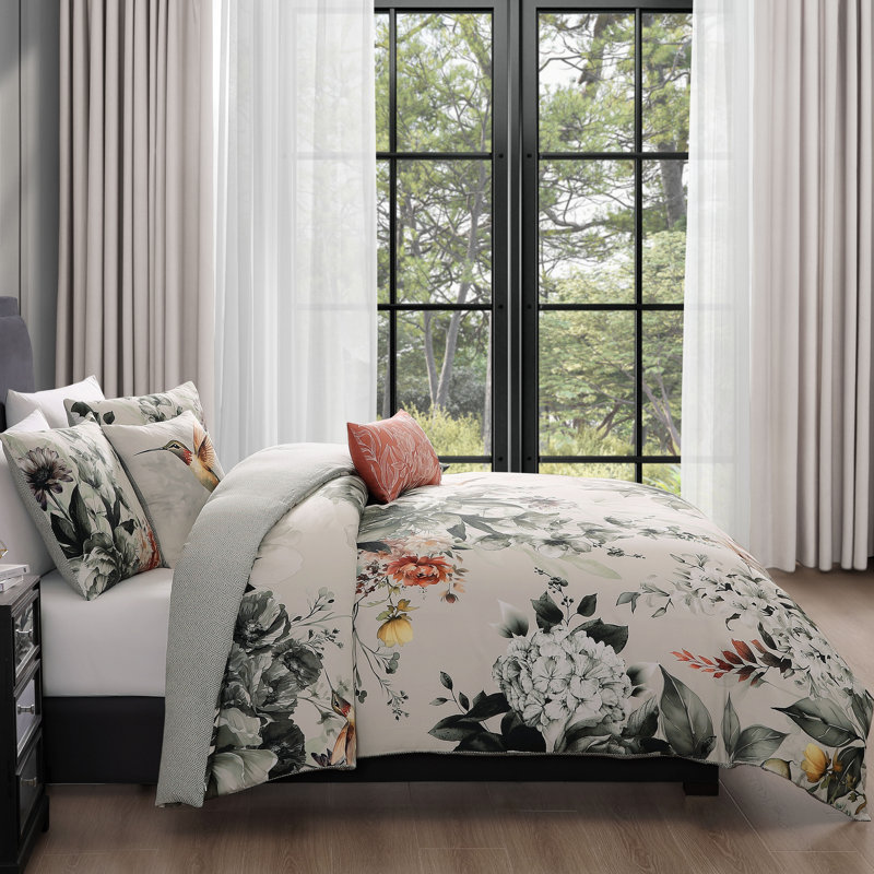 Bebejan Vintage Bloom 100% Cotton Sateen 5 Piece Reversible Comforter Set, King Comforter + 2 King Shams + 2 Throw Pillows