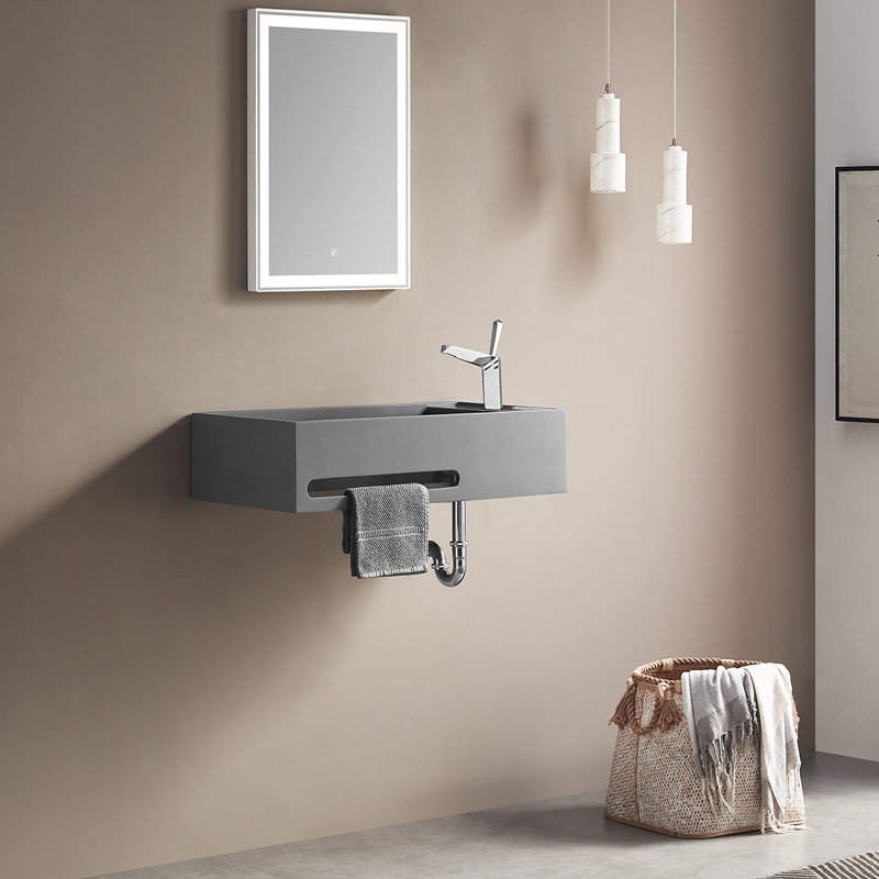 24 in. Wall-Mount Solid Surface Bathroom Sink with Built-in Towel Bar, Gray