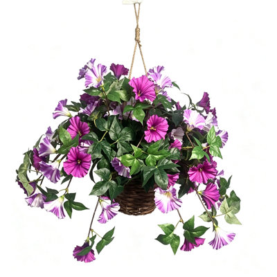Artificial Hanging Fake Flowers with Basket, Morning Glory Outdoor Patio Decorations, UV Resistant Artificial Flowers for Outdoor Porch Balcony, Purple