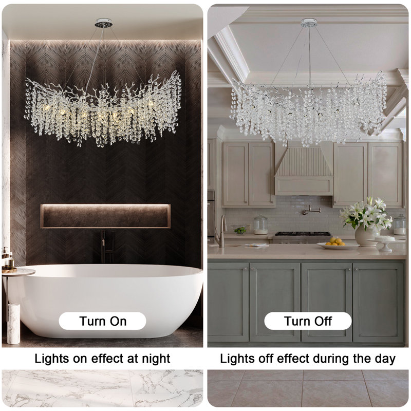 Tree Branch Snow Crystal Chandelier Lighting 47"L, Silver/White