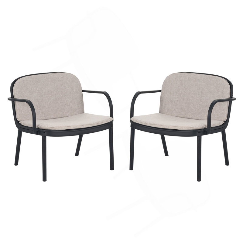 Fauteuil club d'extérieur en PP, structure noire avec coussin beige, ensemble de 2