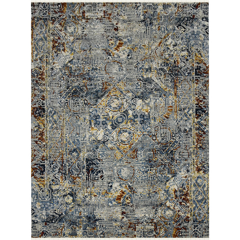 Tapis bleu en laine noué à la main Bristol, Rectangle de 10 pi x 14 pi