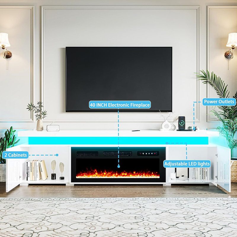 The Modern TV Stand Features A Sleek High Gloss Finish That Enhances Your Living Room Decor, Complete With Customizable RGB LED Lights To Create The Perfect Ambiance For Any Occasion.