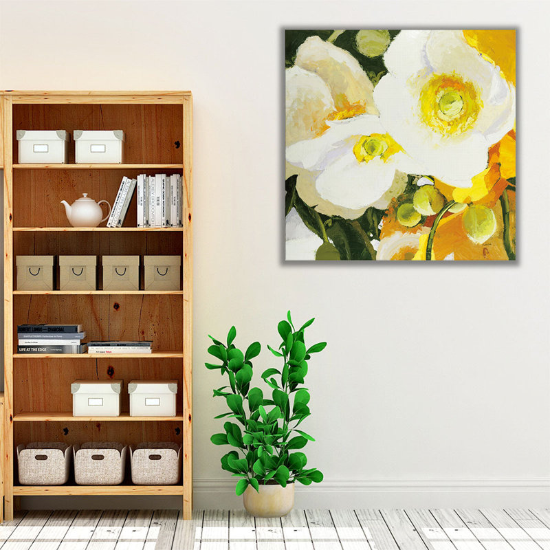 Anémones blanches de près - reproduction d'art sur toile, H 12 po x l 12 po