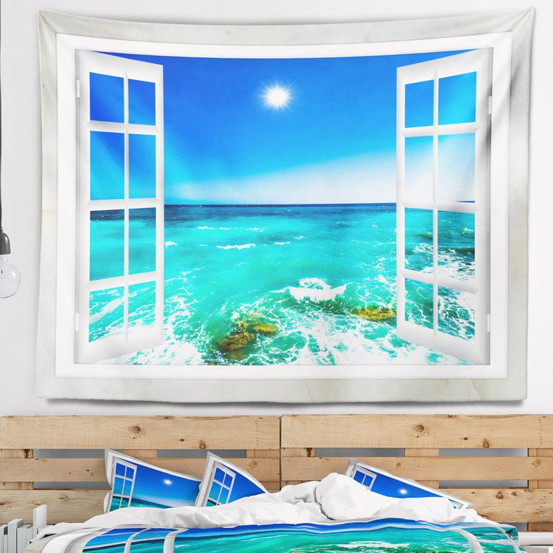 Fenêtre ouverte en mer pour tapisserie océan ondulé, H 68 po x l 80 po