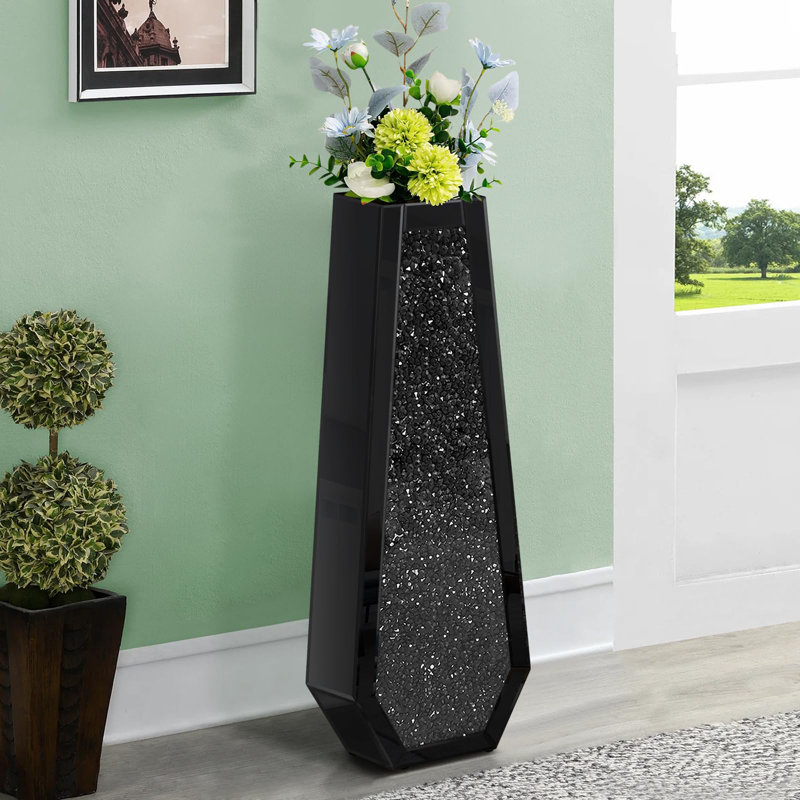Vase de sol en diamant écrasé de 30 po de hauteur, grands vases noirs pour décor de salon, vases en cristal à décor de maison pour fleurs séchées