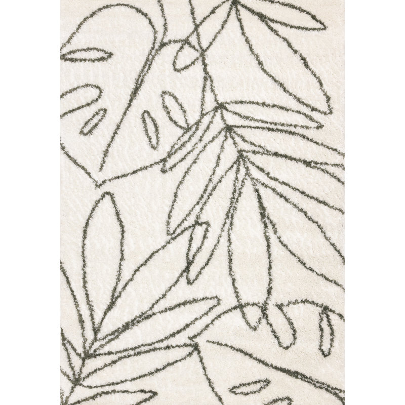 Tapis vert crème à feuilles esquissées Botelho, Rectangle 5 pi 3 po x 7 pi 7 po