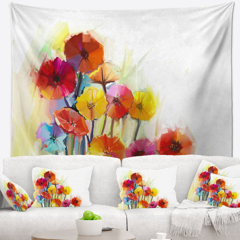 Tapisserie aquarelle de gerberas colorées, H 32 po x l 39 po