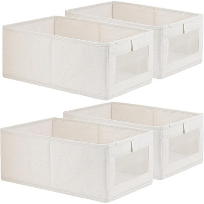 Paquet de 4 paniers de rangement en lin - Grandes boîtes de rangement pour placard avec fenêtre - Contenants de rangement pour vêtements, jeans, jouets, livres et tablettes