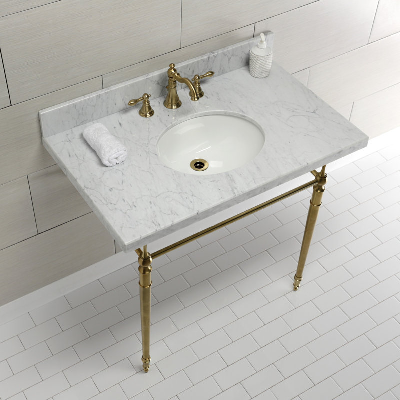 Kingston Brass Edwardian 36-Inch Carrara Marble Console Sink with Brass Legs (8-Inch, 3-Hole), Marble White/Brushed Brass