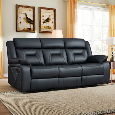 Etherine 84.6'' Wide Modern And Overstuffed Breathable Vegan Leather Manual Reclining Sofa with Pillow Top Arm