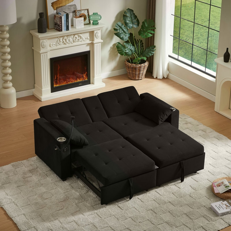 Canapé-lit en tissu noir avec design capitonné, charge USB et positions réglables pour le confort et la commodité, Noir