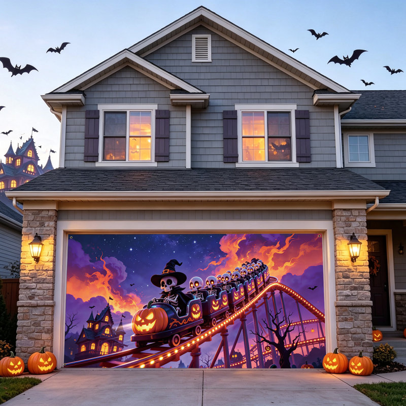 Housse de porte de garage d'Halloween de 2,13 m x 4,88 m avec motif de montagnes russes citrouilles.