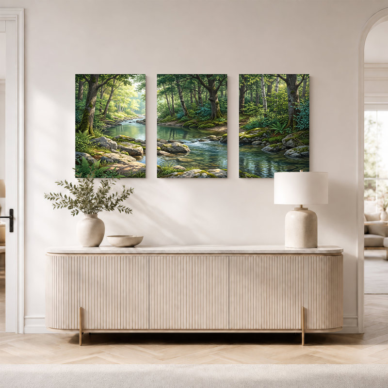 Sunlit Forest Stream avec Mossy Rocks, ensemble de 3 toiles murales, H 18 po x l 12 po x 3 pièces