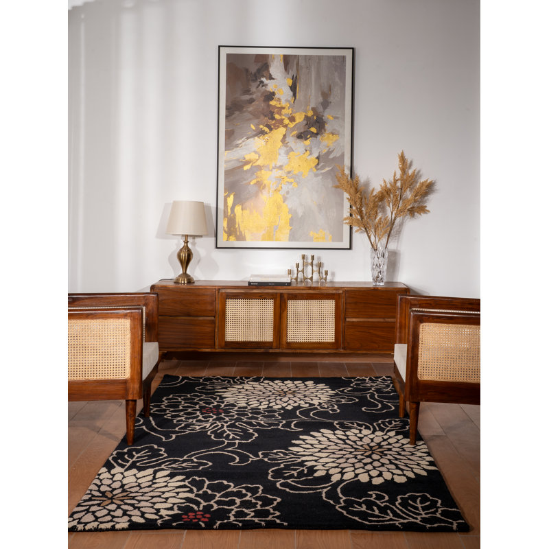 Kisner Hand Tufted Wool Eco-Friendly Area Rugs - Rectangle, Black Color, Oriental Design, High Pile Thick Handmade Anti Skid Area Rugs for Living Room, Bed Room