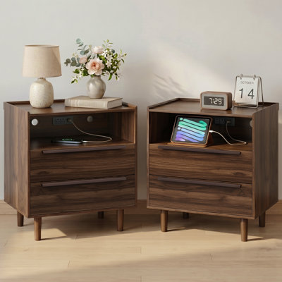 Modern 2-Drawer Nightstand with Charging Station, USB & Type-C Ports, and Open Shelf Set of 2