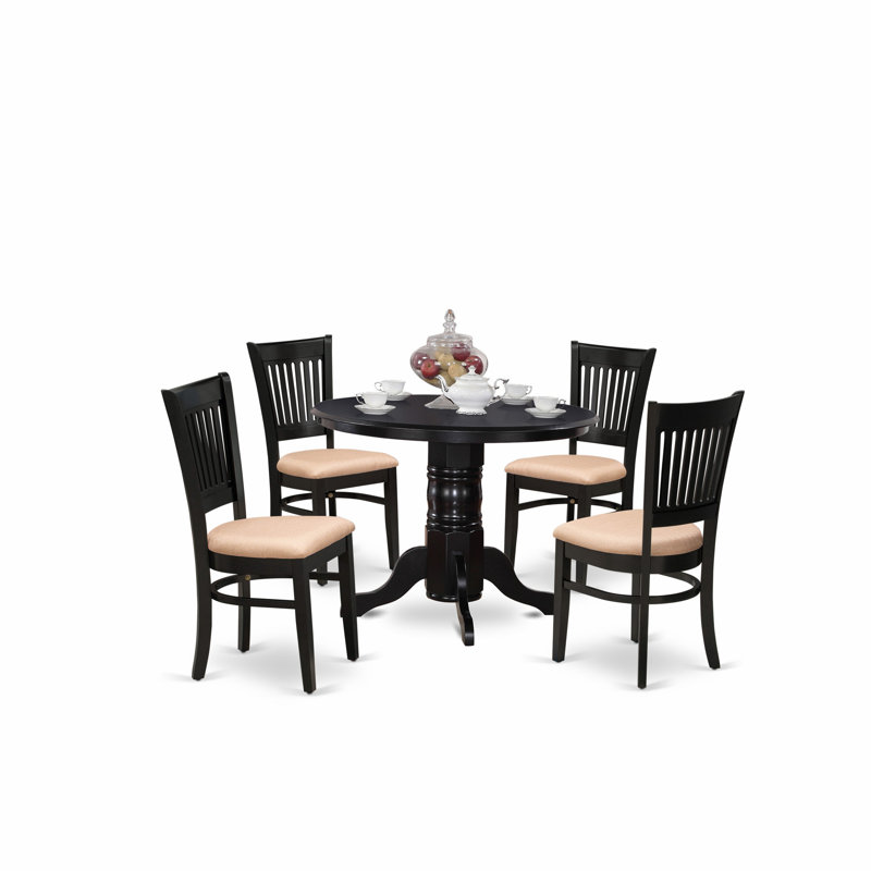 Ensemble de table de salle à manger 5 pièces moderne comprenant une table de cuisine ronde avec piédestal et 4 chaises de salle à manger en tissu de lin, noir