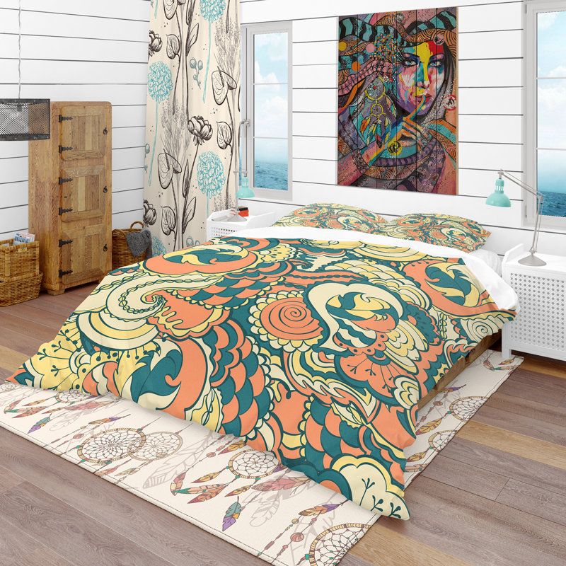 Floral Pattern Background - Bohemian Abstract Duvet Cover Set - Microfiber Polyester, King Duvet Cover + 2 Shams