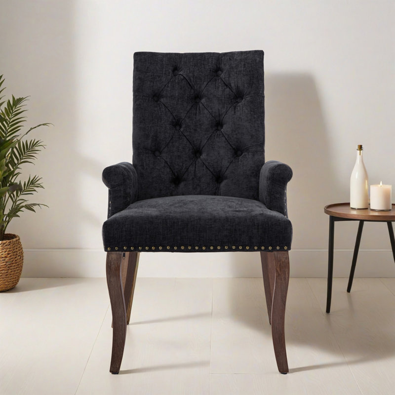 Chaise de salle à manger rembourrée en tissu de chenille, fauteuil de salle à manger club capitonné élégant, Noir