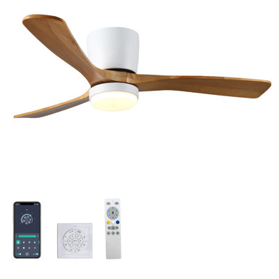 Ventilateur de plafond blanc 52 po avec lumière, 3 pales en bois massif, moteur à courant continu réversible à 6 vitesses, métal et bois, 1 pièce, convient au salon de la salle à manger, blanc et noyer