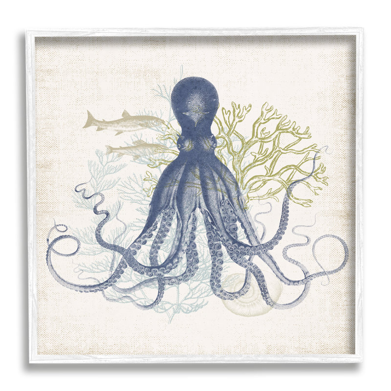 «Octopus Tentacles Layered Fish & Ocean Botanicals» par Victoria Barnes, reproduction d'art graphique sur bois