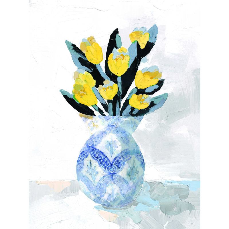 " Yellow Flowers With Blue Patterned Vase ", 16" H x 12" W