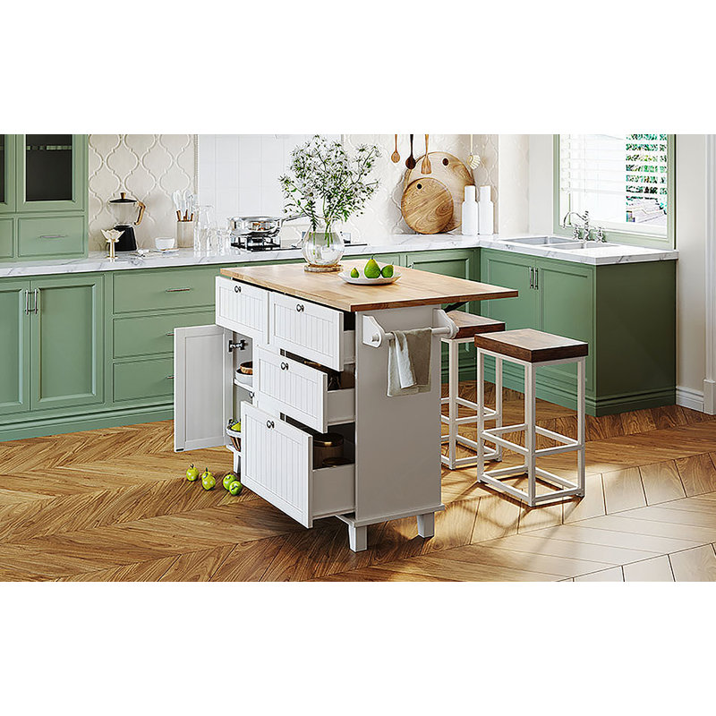 Ensemble d'îlot de cuisine avec abattant et 2 sièges, ensemble de table de salle à manger avec rangement