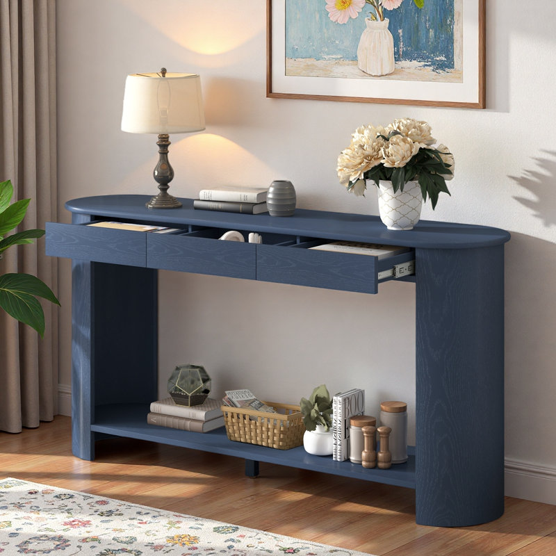 Console moderne avec 3 tiroirs, tablette inférieure ouverte et pieds semi-circulaires, Navy Blue