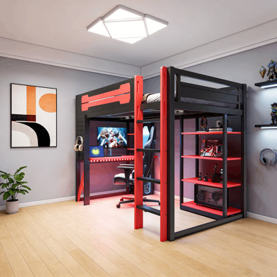 Lit mezzanine double avec bureau éclairé, tablettes de rangement et prise de courant