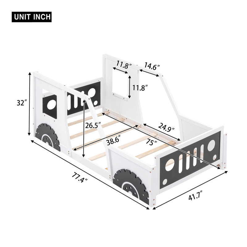Lit plateforme simple en forme de voiture avec roues, blanc, Lit simple, Blanc