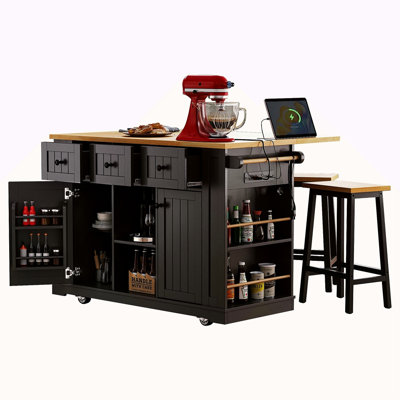 53Inch Large Kitchen Island With 2 Bar Stools, Power Outlet,Door Internal Storage Rack, Kitchen Storage Cart On 5 Wheels With Drop Leaf, 5 Open Side Racks, 3 Drawers, For Kitchen,Dining Room