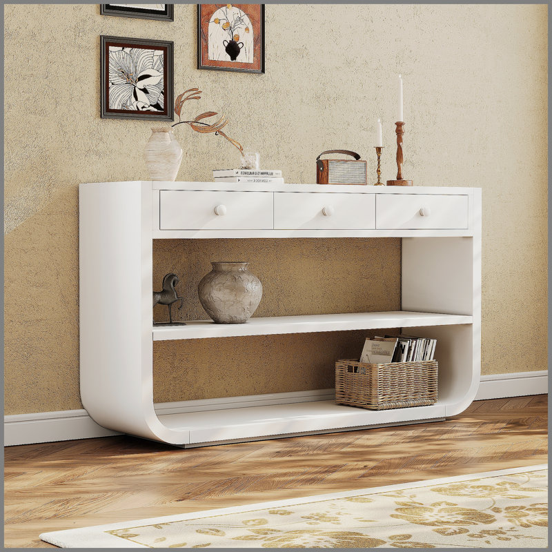 Console moderne incurvée avec 3 tiroirs à fermeture en douceur et 2 tablettes ouvertes, base en bois massif, table de vestibule pour vestibule, blanc