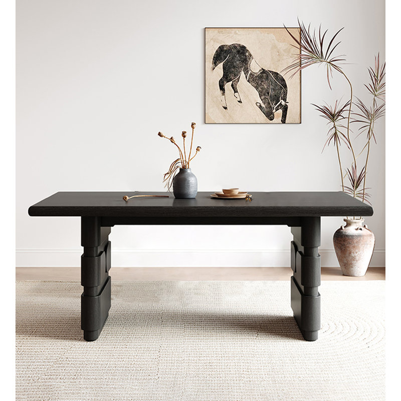Table de salle à manger rectangulaire noire en bois massif de style rétro français, H 29,53 po x L 62,99 po x l 31,5 po