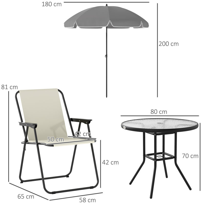 4 Seater Garden Furniture Set Parasol Folding Chairs, Black/Clear/Cream
