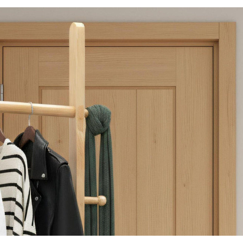 Natural Wood Color Freestanding Coat Rack With A Stable Double-Bar Design. Easy To Assemble And Extremely Sturdy. Suitable For Hanging Coats, Suits, And Jackets.