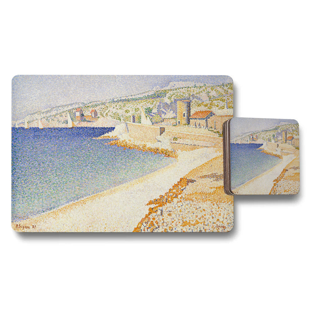 Seaside Harbor Pointillist Art Placemats and Coasters Set