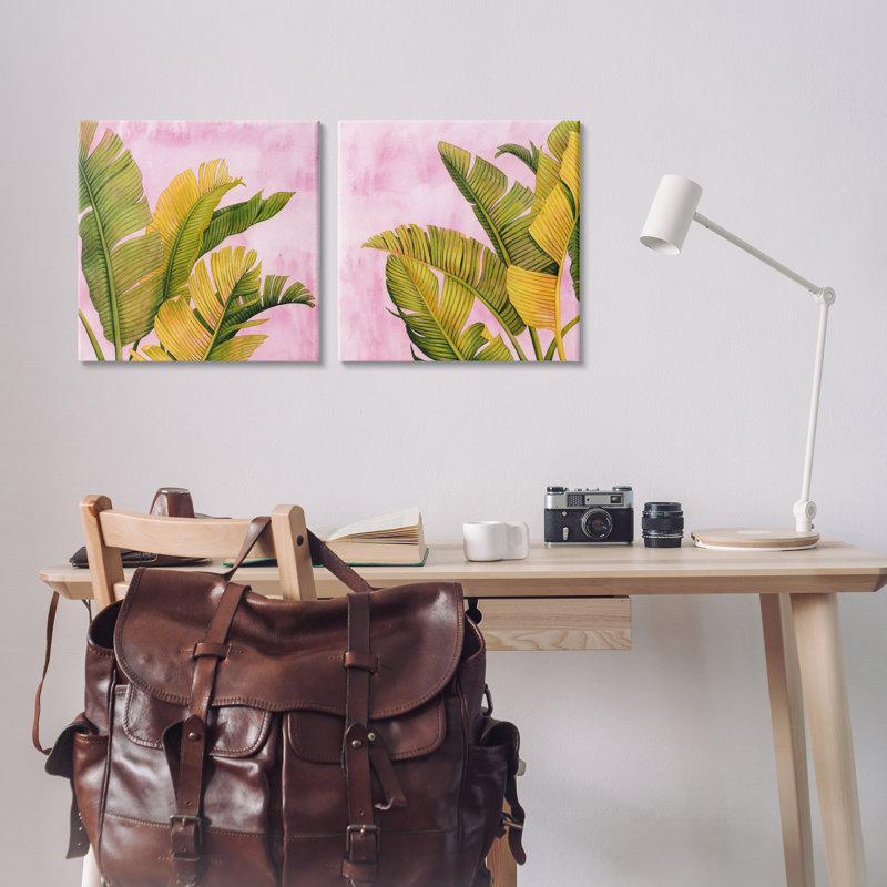«Pink & Palms Leaves», ensemble d'art mural sur toile 2 pièces, design par Grace Popp, H 17 po x l 34 po