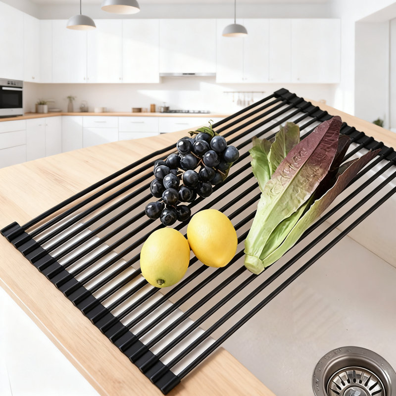 Égouttoir à vaisselle enroulable avec revêtement en silicone, égouttoir à vaisselle sur l'évier pliable pour une organisation de cuisine peu encombrante