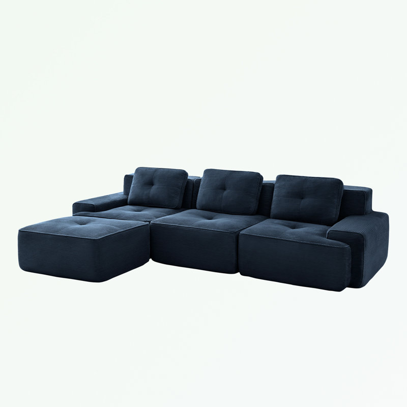Canapé modulaire en L en velours côtelé avec siège profond et repose-pieds mobile, Velours côtelé bleu