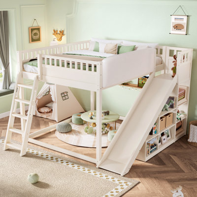 Lit mezzanine avec tête de lit tapissier, tablettes de rangement, échelle et glissade pour chambre d'enfant
