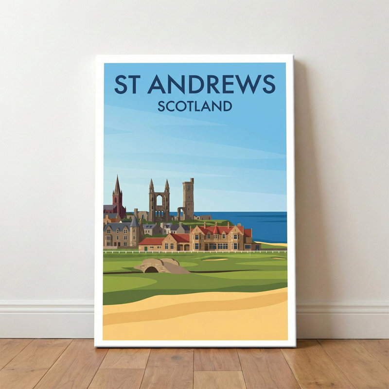 St Andrews, Scotland - Romantic Coastal Travel Poster Of Cathedral Ruins And Old Course. Giclee Print On Wrapped Canvas. Wall Art, Home Decor - Cities & Towns, Scotland - Wrapped Canvas Print