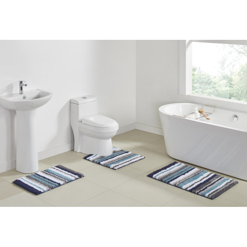 Griffie Non-Slip Bath Rug, Blue, 3 PCs Set (17" x 24" | 20" x 20" | 20" x 32")