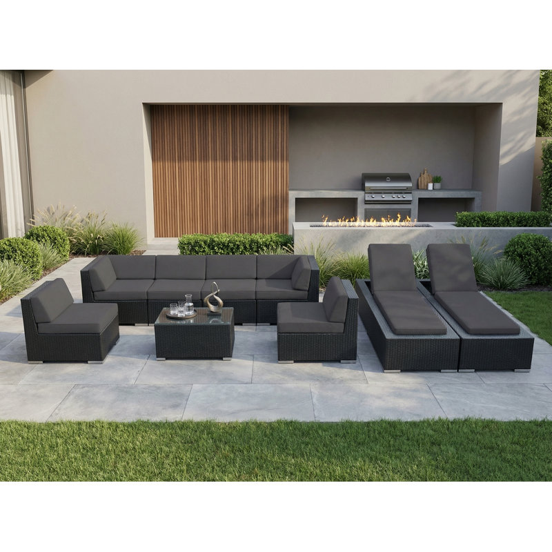 Ensemble de conversation modulaire en rotin avec coussins 9 pièces Barna - aucun assemblage requis, Noir, Supercrylic gris
