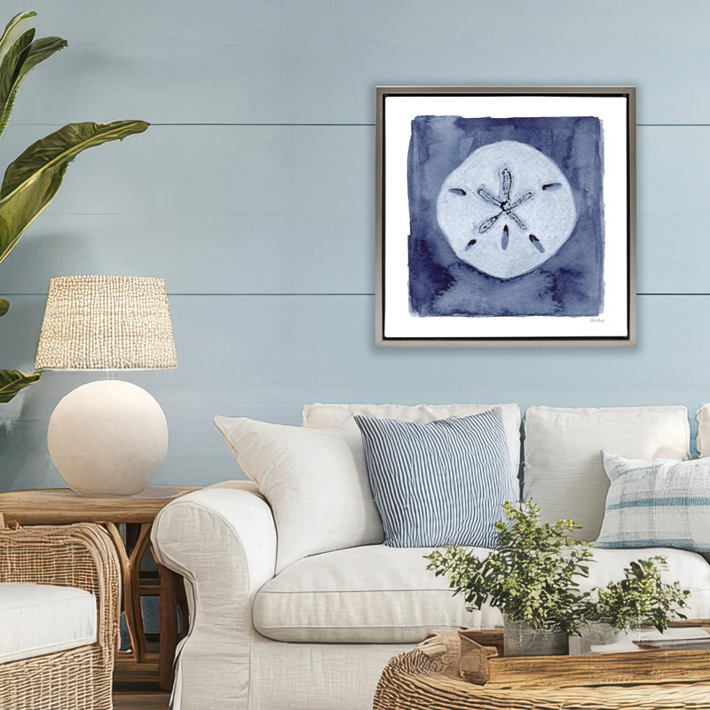 Dollar de sable blanc sur cadre flottant indigo, design par Patti Bishop, H 25 po x l 25 po, Cadre flottant gris lustré