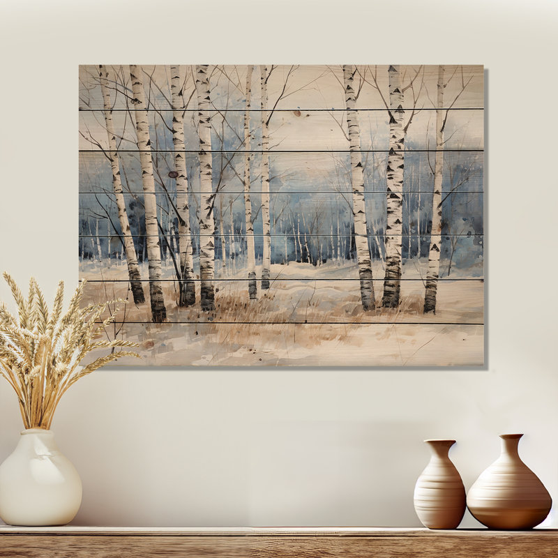 Bouleau blanc et bleu en hiver - Art de bouleau sur bois de pin naturel, H 24 po x l 32 po