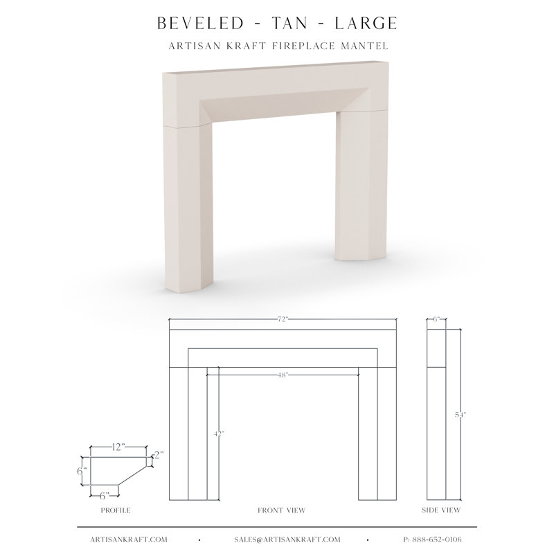 Encadrement de foyer biseauté en pierre de fonte avec foyer standard, P 6 po x H 54 po x l 72 po, Brun clair